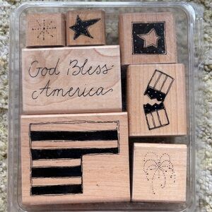 Patriotic Wood Stamp Set - 'God Bless America' Stars & Stripes